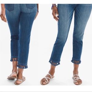 Chicos indigo blue denim jeans so slimming girlfriend crop tassel fringe fray